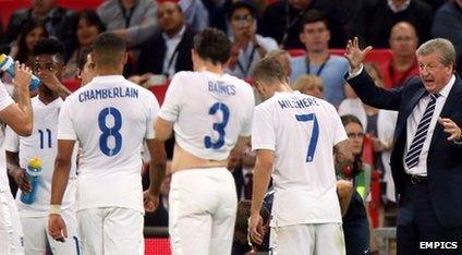 England squad members get a team-talk from England coach Roy Hodgson
