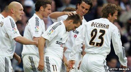 Real Madrid celebrate scoring against Barcelona in April 2005