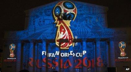 The official logo for the 2018 World Cup is shown off on the facade of the Bolshoi Theatre in Moscow