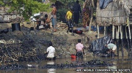 Bangladeshi villagers try to collect oil, handout photograph received from the World Conservation Society on December 12, 2014