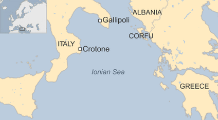 Map showing Italian port city of Gallipoli and neighbouring countries
