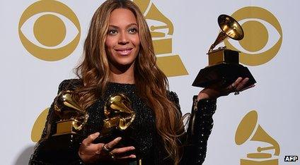 Beyonce holding her grammy awards