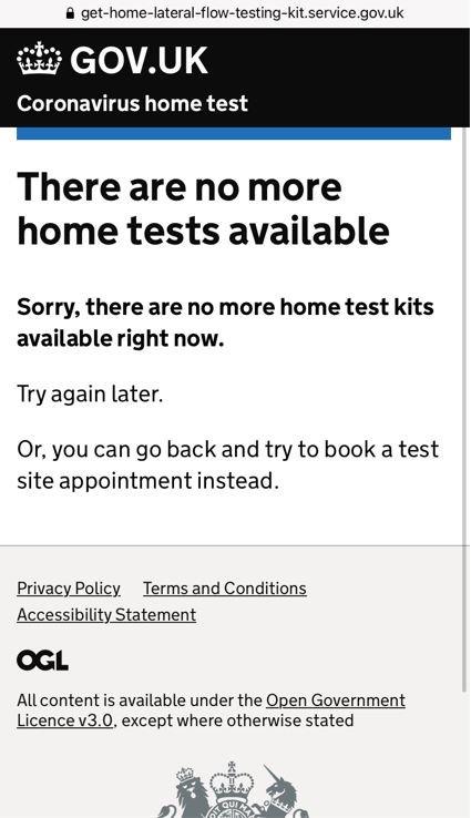 A screen shot of a gov.uk page to order lateral flow tests telling the user to 'try again later'