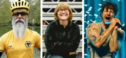 A composite image of three images - to the left is a man with a cycle helmet and sunglasses on. He is wearing a Wolves cycling top. In the middle is a woman with shoulder-length brown hair with glasses on. She is wearing a dark zipped top and is sitting down smiling. On the right is a man who singing into a microphone with his eyes tightly shut and his mouth wide open.