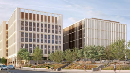 CGI of two five-storey office blocks with landscaped trees in front