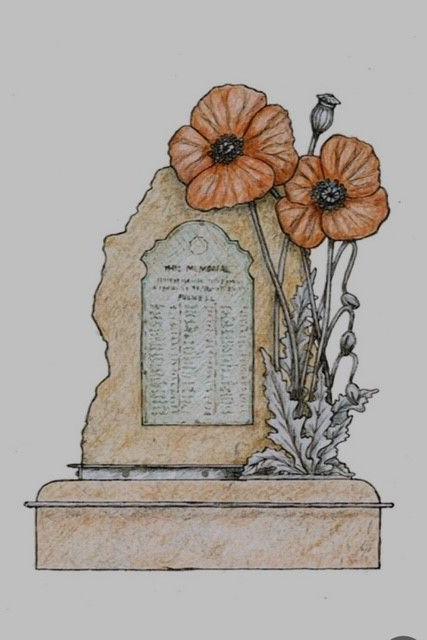 Artist's impression of the new memorial. It has two large poppies in front of a stone slab featuring the names of soldiers. Both stand on a plinth.