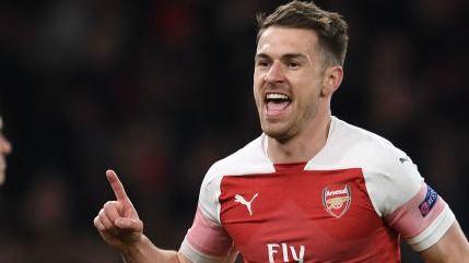 Aaron Ramsey celebrates scoring a goal for Arsenal during the UEFA Europa League Quarter Final First Leg match between Arsenal and S.S.C. Napoli at Emirates Stadium on April 11, 2019 in London