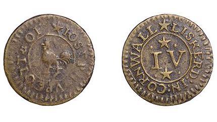 A picture of the front and back of a coin. The coin on the left is brown in colour and has an animal in the middle. The coin on the right says Liskeard in Cornwall running around the edge of the coin.