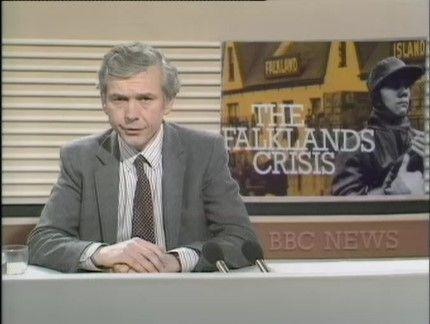 John Humphrys reading the news with an image behind him reading 'The Falklands Crisis'