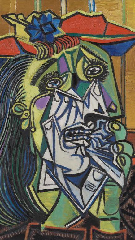 A surrealist image of a crying woman rendered in mostly yellow green and purple tones.