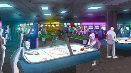 A graphic showing people playing on games such as air hockey