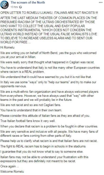 Curva Nord's open letter to Romelu Lukaku