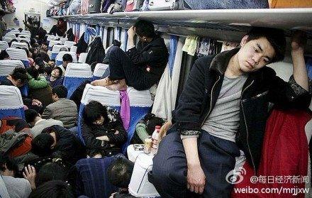 Cramped conditions on a train in China