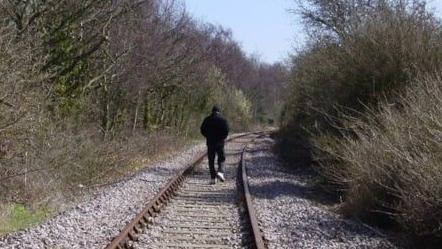 A lone person can be seen walking down a railway track flanked by foliage 