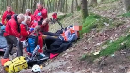 Seven mountain rescue volunteers, in red outdoor coats, tend to a mountain bike rider who is lying on a bank in a wooded area.  The rider's face is blurred.