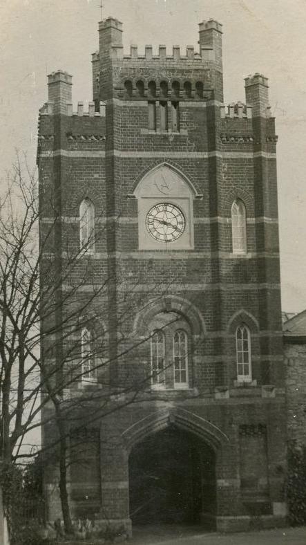 A 1922 picture of Plas Castell's brick built clock tower after the original had been removed and transported to Banwell in the early 1880s