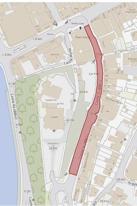 A map of Castle Street showing the area that will be closed for overnight resurfacing work