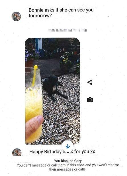 A mobile phone screenshot of a text conversation. It shows a picture of a dog and the caption "Bonnie asks if she can see you". 