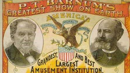 A circus poster advertising "P.T. Barnum's greatest show on earth". Two directors are pictured, either side of an eagle emblem which bears the words "truthful, moral, instructive".