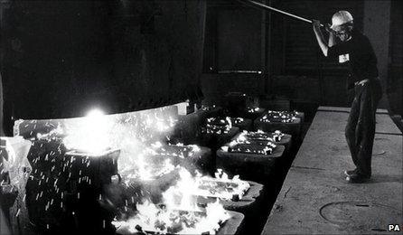 Steel worker at a British Steel hot plate mill