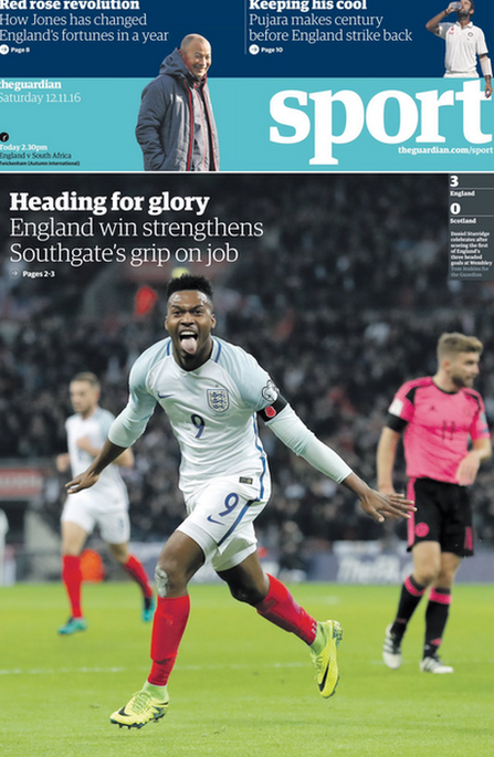 Saturday's Guardian features England's 3-0 World Cup qualifying win over Scotland