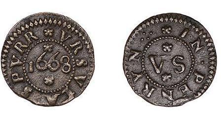 A picture of two sides of a coin. The image of the left has writing around the edge of the coin face with 1668 in the middle. The coin on the right also has writing around the edge and in the middle it reads VS.