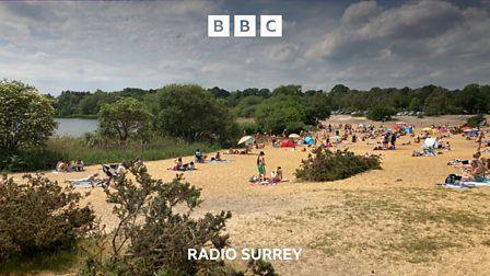 A sandy inland beach with trees and shrubs. People can be seen sitting under parasols and on towels.
