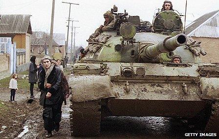 Russian tank in a Chechen village