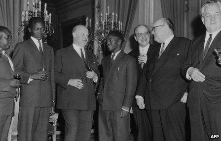 Rwandan President Gregoire Kayibanda with Belgian and Rwandan officials in Brussels in December 1961