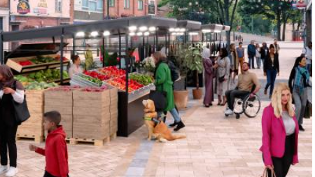 A CG image of people visiting revamped market stall. The stall closest to the front is selling a variety of fruit and veg. 