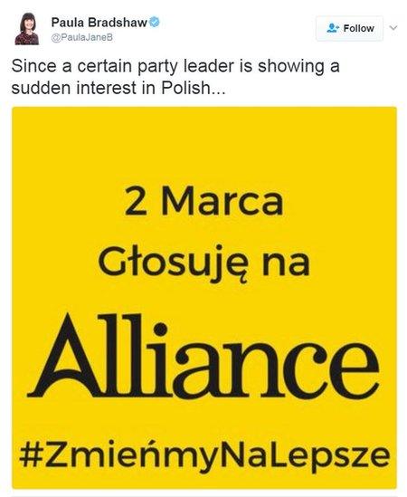 A tweet by Paula Bradshaw that reads: Since a certain party leader is showing a sudden interest in Polish...