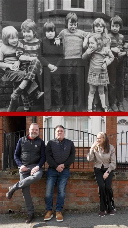 Sibilings Andre Keane and Caroline Keane-Hayes (left and right) and cousin Gerald Costello (centre) recreated their 50-year-old poses