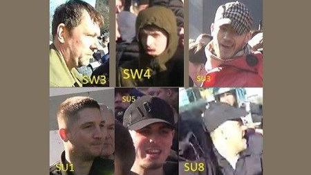 A composite image showing six head shots of men in crowds.
