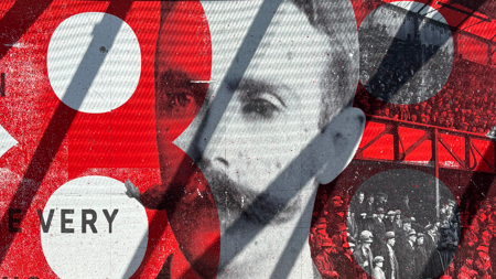 A black and white depiction of a man with a wide moustache painted on a mural, overlaid by the number 88 in red paint.