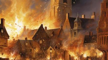 Painting of several buildings in flames