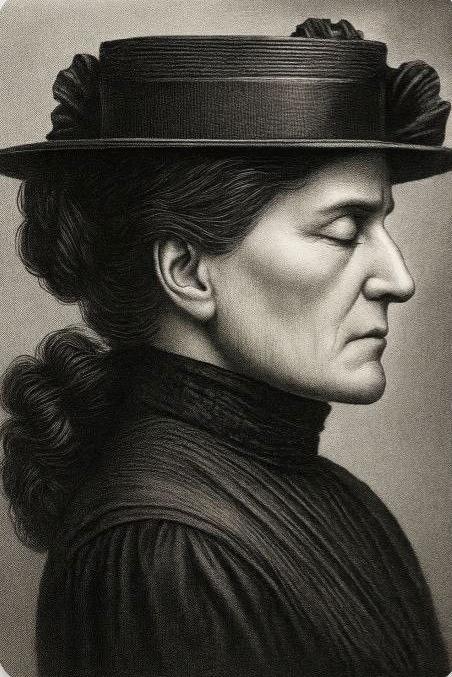 A court artist's sketch of Leslie/Rhoda at the time of her trial. Shown in profile with eyes closed: in contrast with other contemporary descriptions, this drawing depicts her looking much older and more haggard