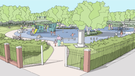 Artists impression of the new Bloxwich park play area. The drawing is colourful and shows families taking their children to the park surrounded by a green hedge with brick pillars outlining the perimeter of the park. There are children playing on the playground equipment and walking with their parents.