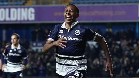 Ra'ees Bangura-Williams celebrating scoring on his Millwall debut against Dagenham & Redbridge in the FA Cup