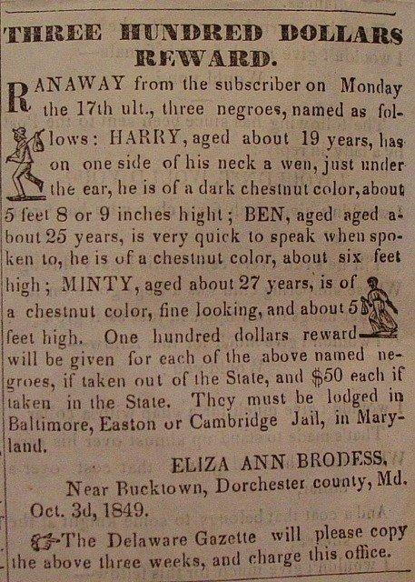 A newspaper notice offering a reward for the return of Tubman and her brothers