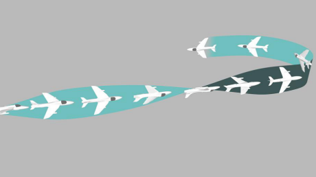 A graphic of an aeroplane performing a Derry Turn. There are ten small planes coming from the left of the image to the right. Each of the planes is at a different stage of the roll, to show the complete sequence