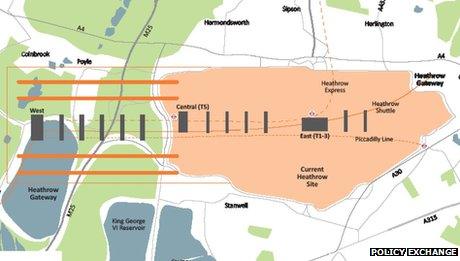 Map showing the Policy Exchange's proposal for a westward expansion of Heathrow