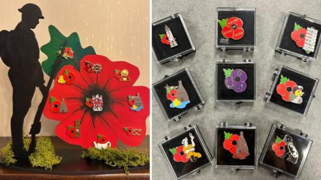 Two images. The left one shows an ornament of a soldier silhouette and a poppy on a wooden base. The poppy has nine smaller custom-design poppy badges pinned to it, including a rubber duck, a bottle kiln, and a miner's lamp,
The image on the right shows nine more custom poppy pin badges in cases. They feature the likes of a clock tower, another next to a miner. There is a purple poppy with a pigeon, horseshoe and paw print on the petals. There is also a larger poppy with 'VE DAY' 'VJ DAY' and '1945-2025' written on the petals and '80 written in the centre.