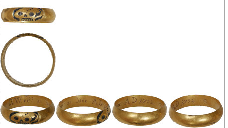 A photo which shows the ring from different angles. It shows the ring, which is gold, and a skull engraved onto it. Inside the ring is more engraving of a date and initial