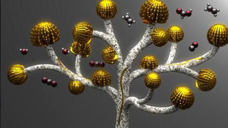 A computer modelled image of a tree like structure with copper buds blooming on a branch.