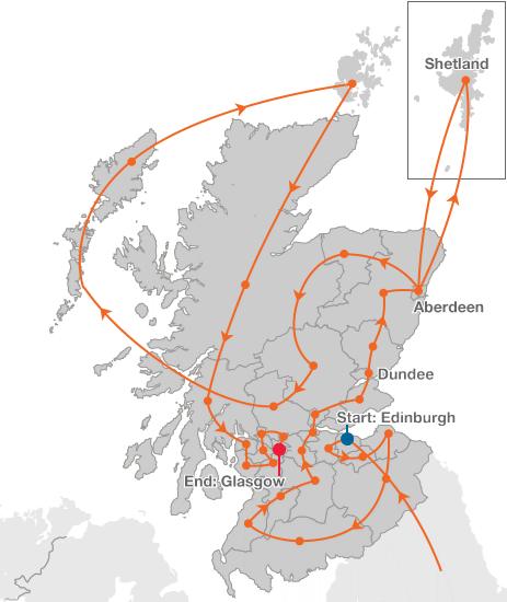 Map of Queen's baton route around Scotland