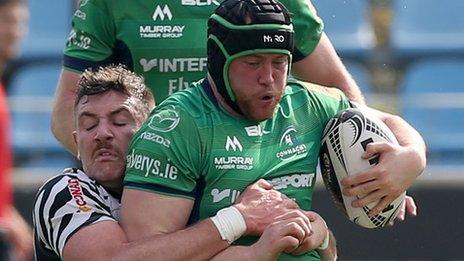 Connacht captain John Muldoon is tackled by Zebre's George Biagi