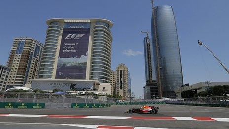 Picture of the F1 track in Baku, Azerbaijan. The skies are blue overhead.