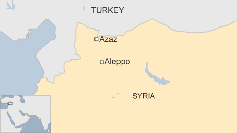 A map showing Azaz in northern Syria