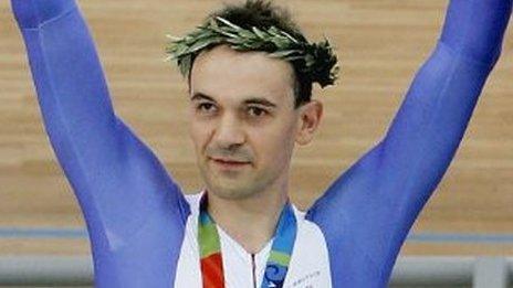 ATHENS, GREECE - SEPTEMBER 19: Ian Sharpe and Paul Hunter take the Bronze Medal after finishing third in the Mens Individual Pursuit Open(B1-3) Finals at the Olympic Velodrome within the Olympic Sports Complex in Athens, Greece. (Photo by Ker Robertson/Getty Images)