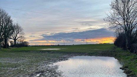 The sun sets in a pale blue sky over a flooded field in the foreground